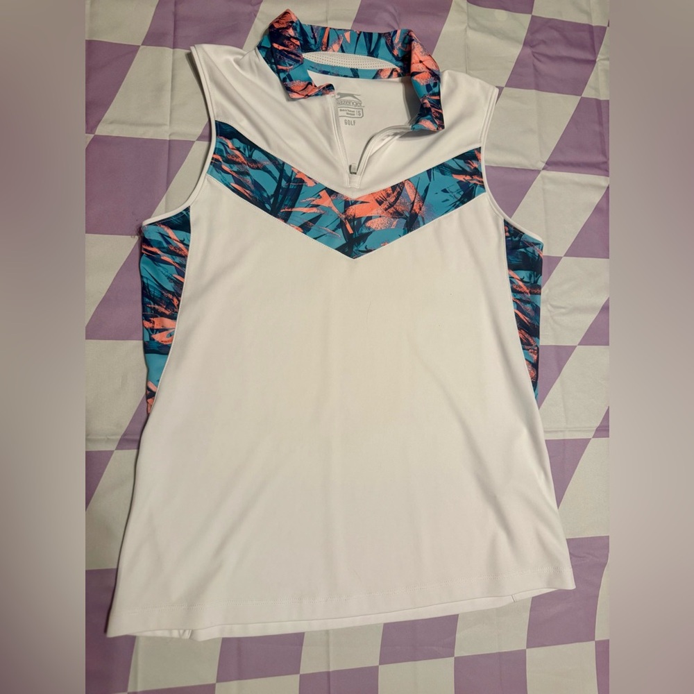 Slazenger Women's Sleeveless Golf Polo – Tropical Chevron Print - Picture 2 of 6